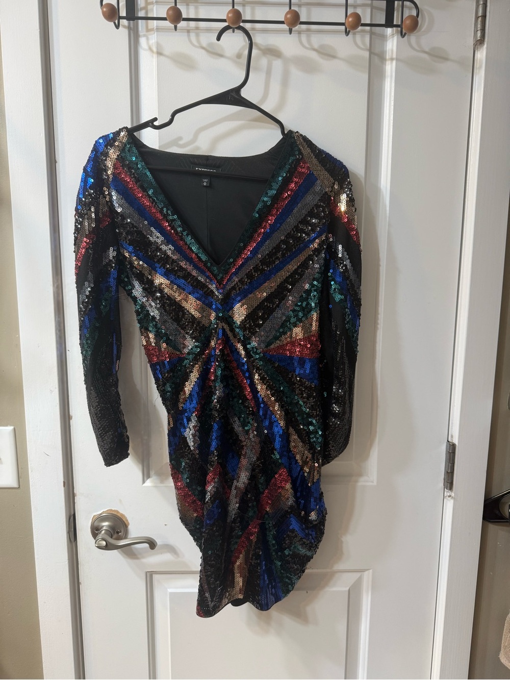 Express Black Multicolor Sequin V‑Neck Long Sleeve Dress